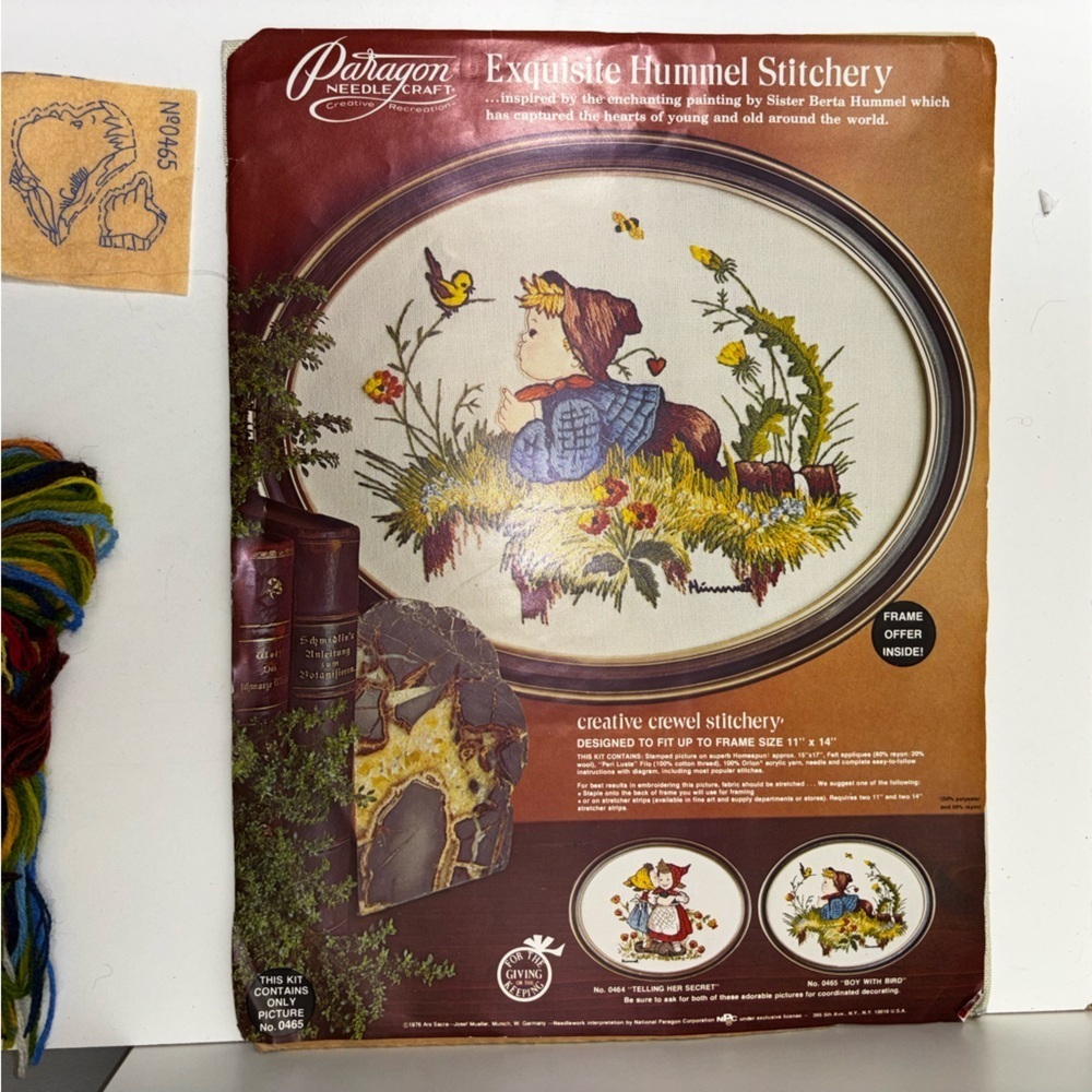 Paragon Needlecraft 1976 Hummel crewel stitchery kit; Boy with Bird No. 0465